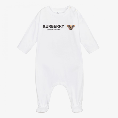 Shop Burberry White Cotton Logo Babygrow