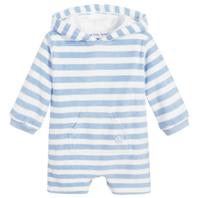 Shop Mitty James Pale Blue Stripe Towelling Baby Beach Romper