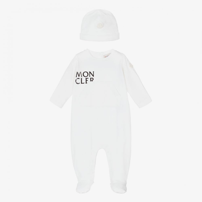 Shop Moncler White Babygrow & Hat Set