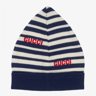 Shop Gucci Blue & Ivory Striped Baby Hat