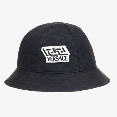 Shop Versace Boys Blue Greca Signature Hat In Black