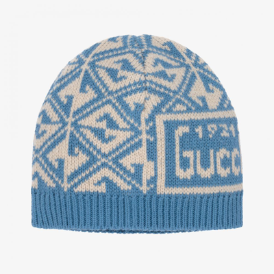 Shop Gucci Blue Wool Gg Logo Baby Hat