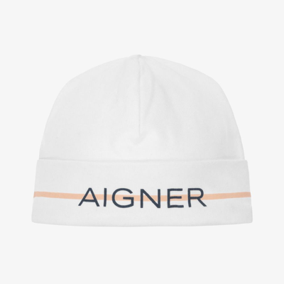 Shop Aigner White Pima Cotton Baby Hat