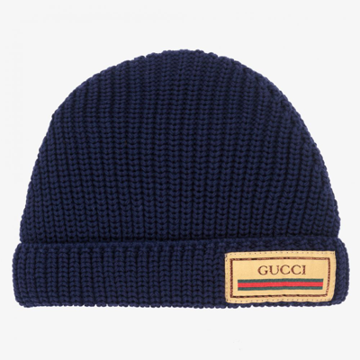 Shop Gucci Blue Knit Logo Baby Hat