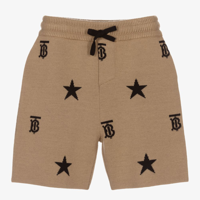 Shop Burberry Boys Beige Wool Monogram Shorts