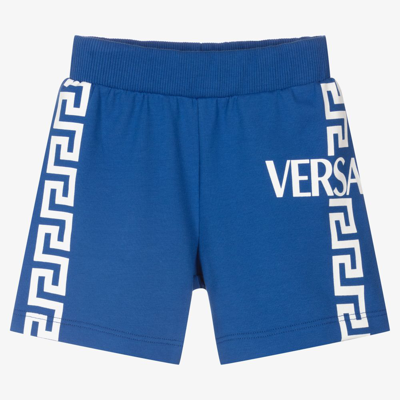Shop Versace Boys Blue & White Greca Baby Shorts