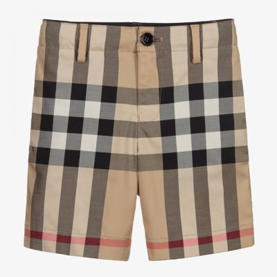 Shop Burberry Boys Beige Check Shorts