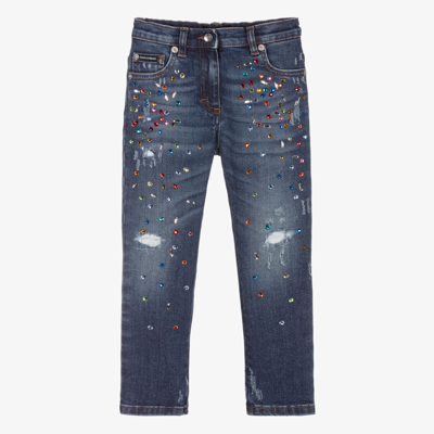 Shop Dolce & Gabbana Girls Blue Denim Crystal Jeans