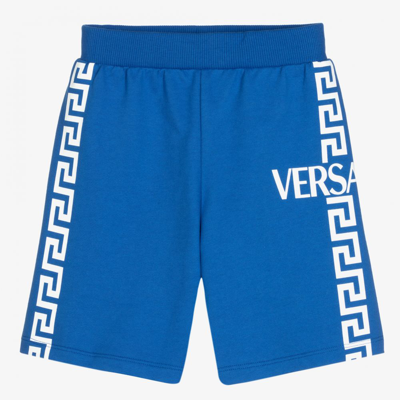Shop Versace Boys Blue Cotton Greca Shorts