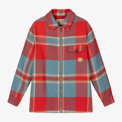 Shop Gucci Boys Blue & Red Check Wool Jacket