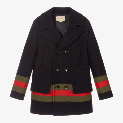 Shop Gucci Boys Navy Blue Wool Coat