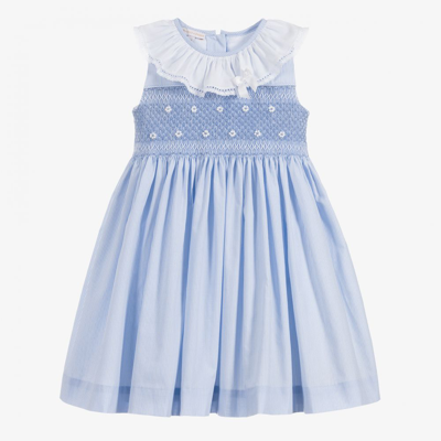 Shop Beatrice & George Girls Blue Cotton Hand-smocked Dress