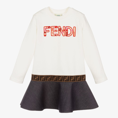 Shop Fendi Girls White & Blue Logo Dress