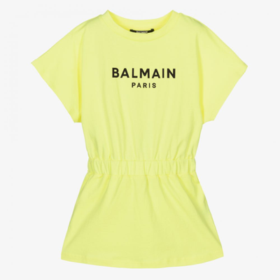 Shop Balmain Girls Yellow Logo Dress