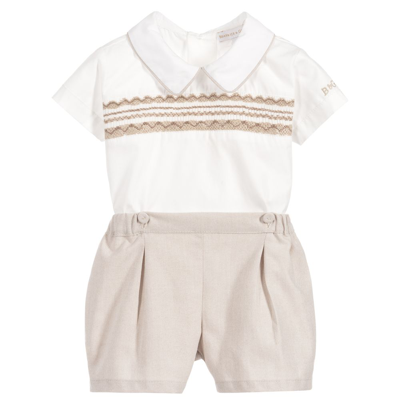 Shop Beatrice & George Boys Beige Hand-smocked Cotton Buster Suit