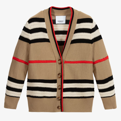 Shop Burberry Girls Icon Stripe Cashmere Cardigan In Beige