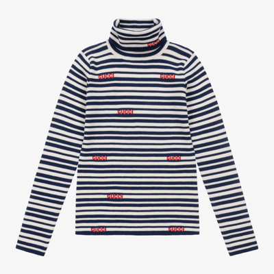 Shop Gucci Teen Striped Wool Rollneck Top In Blue