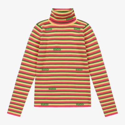 Shop Gucci Girls Teen Striped Wool Rollneck Top In Pink
