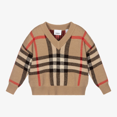 Shop Burberry Boys Check Cashmere Knit Sweater In Beige