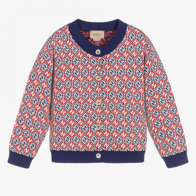 Shop Gucci Girls Blue & Red Rhombus Cardigan