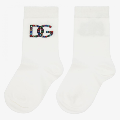 Shop Dolce & Gabbana Girls Ivory Cotton Logo Socks