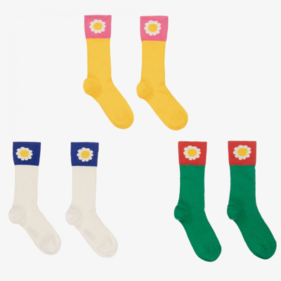 Shop Mini Rodini Girls Flower Socks (3 Pack) In Yellow