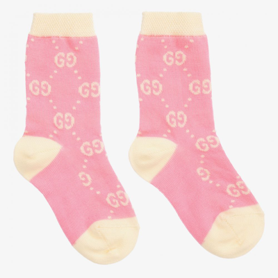 Shop Gucci Girls Pink & Ivory Cotton Gg Socks