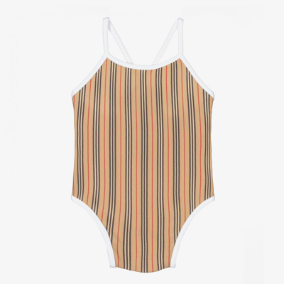 Shop Burberry Girls Micro Icon Stripe Swimsuit In Beige
