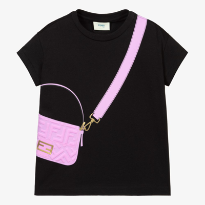 Shop Fendi Girls Black & Pink Bag T-shirt