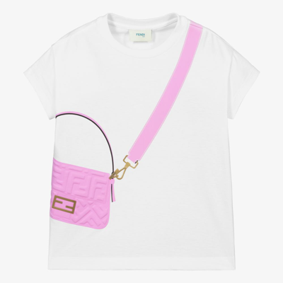 Shop Fendi Girls White & Pink Bag T-shirt