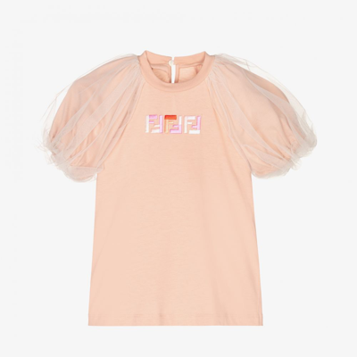 Shop Fendi Girls Pink Tulle Sleeve Logo T-shirt