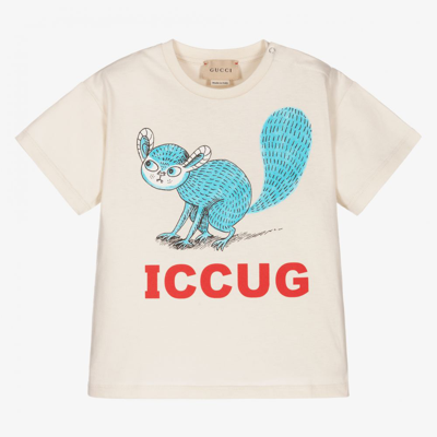 Shop Gucci Ivory Cotton Logo Baby T-shirt
