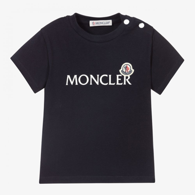 Shop Moncler Boys Navy Blue Logo T-shirt