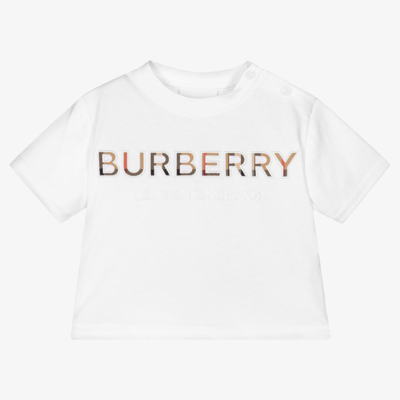 Shop Burberry White Cotton Logo Baby T-shirt