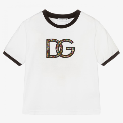Shop Dolce & Gabbana Girls White Diamanté Logo T-shirt