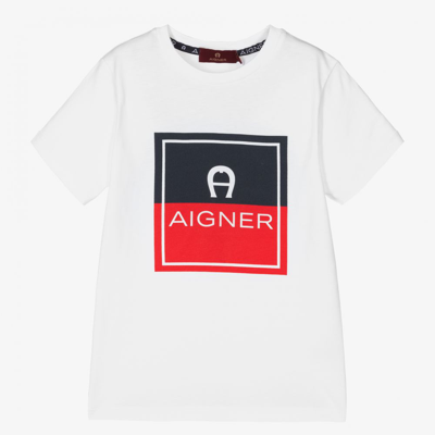 Shop Aigner Boys White Cotton Logo T-shirt