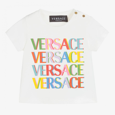 Shop Versace Girls Ivory Logo Cotton Baby T-shirt