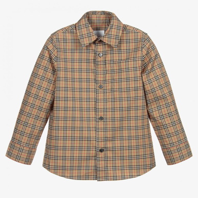 Shop Burberry Boys Beige Cotton Microcheck Shirt