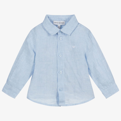 Shop Emporio Armani Boys Blue Logo Linen Baby Shirt