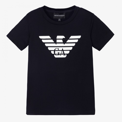 Shop Emporio Armani Boys Navy Blue Cotton T-shirt