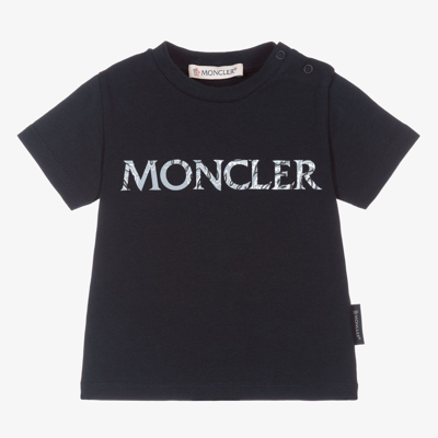 Shop Moncler Girls Navy Blue Cotton Logo T-shirt