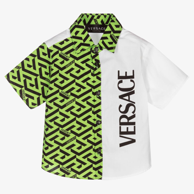 Shop Versace Boys Green & White Greca Shirt
