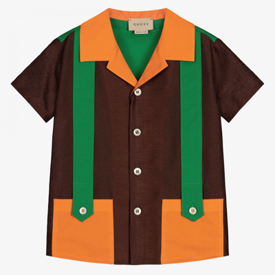 Shop Gucci Boys Brown Gg Cotton Shirt