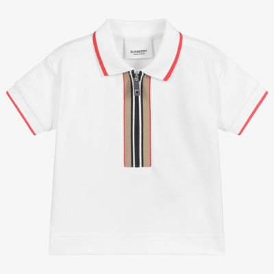 Shop Burberry Boys Icon Stripe Baby Polo Shirt In White
