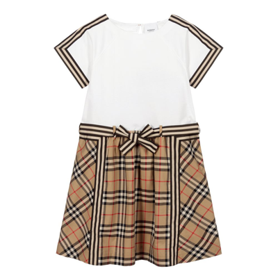 Shop Burberry Teen White & Beige Check Dress