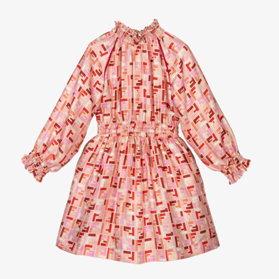 Shop Fendi Girls Pink Ff Logo Silk Dress