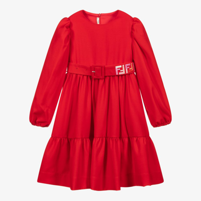 Shop Fendi Girls Red Wool Ff Logo Dress