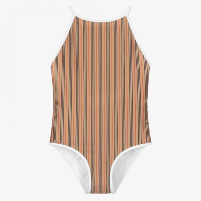 Shop Burberry Girls Teen Icon Stripe Swimsuit In Beige