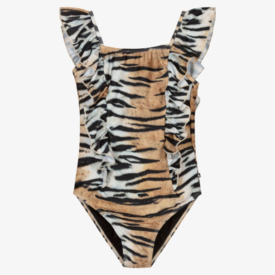 Shop Molo Girls Teen Tiger Swimsuit (upf 50+) In Brown