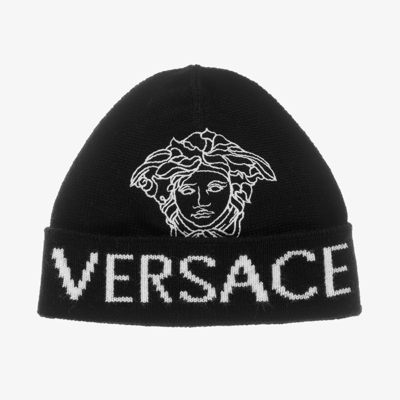 Shop Versace Black Wool Knit Medusa Hat